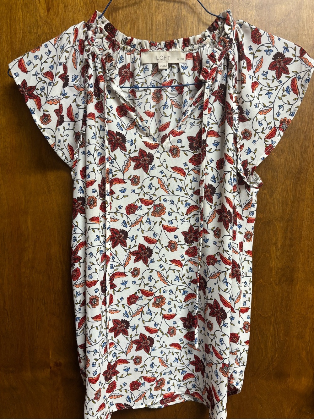 LOFT White Blouse with Red & Blue Floral Print